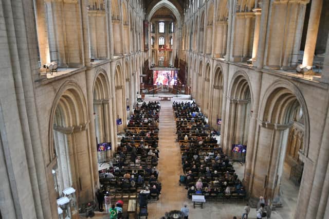 Crowds gathered at Peterborough Cathedral