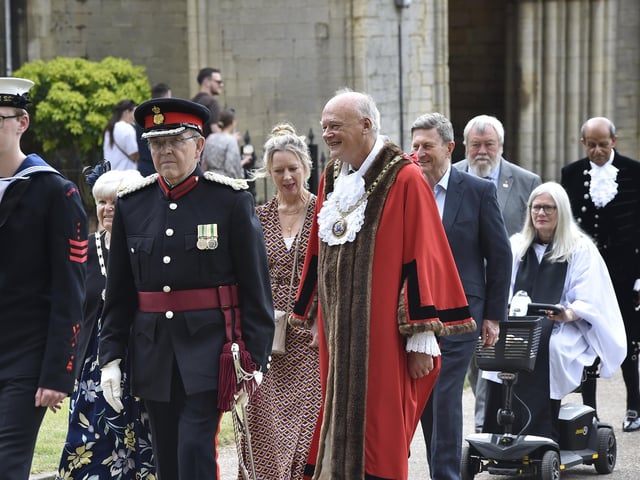 Installation of Mayor of Peterborough Nick Sandford with Mayoress Bella Saltmarsh at Peterborough Cathedral with a procession from the Town Hall