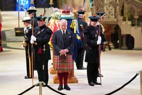 King Charles III at a vigil service held for the Queen at St Giles' Cathedral in Edinburgh.  (Photo by Jane Barlow - WPA Pool/Getty Images)