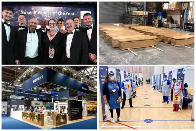 From left, some of the GH Display team with the Small Business of the Year award at the Peterborough Telegraph Business Excellence Awards 2023: some of the coffins made by GH Display during the Covid-19 pandemic; an exhibition stand made by GH Display and vaccination booths manufactured by GH Display.