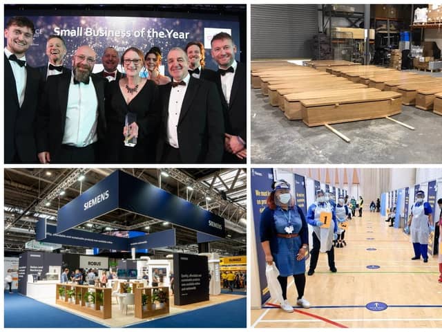 From left, some of the GH Display team with the Small Business of the Year award at the Peterborough Telegraph Business Excellence Awards 2023: some of the coffins made by GH Display during the Covid-19 pandemic; an exhibition stand made by GH Display and vaccination booths manufactured by GH Display.