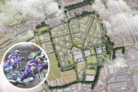 An image shows an aerial view of the proposed homes and leisure village layout at the East of England Showground but some officials say the current Peterborough Panthers speedway track, which is one the site, should become parkland in the new development.