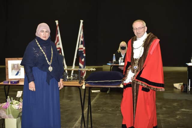 Mayor of Peterborough Steve Lane with Deputy Mayoress Sughra Jamil at the mayor making 2021 at the East of England Arena .