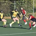 Hockey action from City of Peterborough Ladies 1sts  (red) v Norwich City. Photo: David Lowndes.