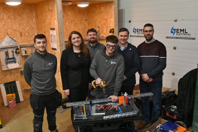 Shadow Employment Minister Alison McGovern MP visiting EML Electrical Contractors in Fengate, Peterborough, with staff Harry Alderman, Ben Roberts, Caiden Ainley and managing director Mark Brear, right, and with Labour's Peterborough parliamentary candidate Andrew Pakes, fifth from left.