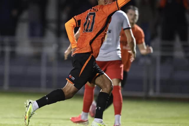Leon Lobjoit celebrates his goal for Peterborough Sports against Anstey Nomads. Photo Darren Wiles.