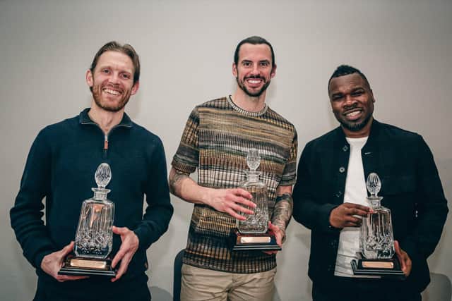 From the left, Posh Hall of Fame inductees, Craig Mackail-Smith, George Boyd and Aaron Mclean. Photo: Joe Dent/theposh.com