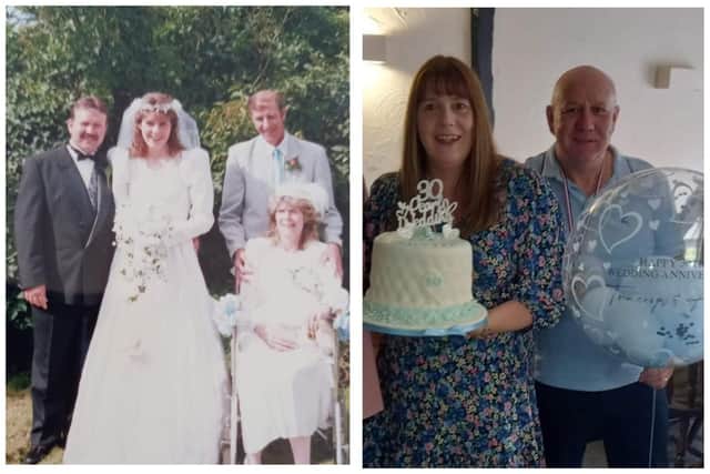 (L) Tracey and Andy Baxter tying the knot with Tracey's beloved mum and dad at Coates Church in 1993; (R) the coupe celebrating their 30th anniversary.