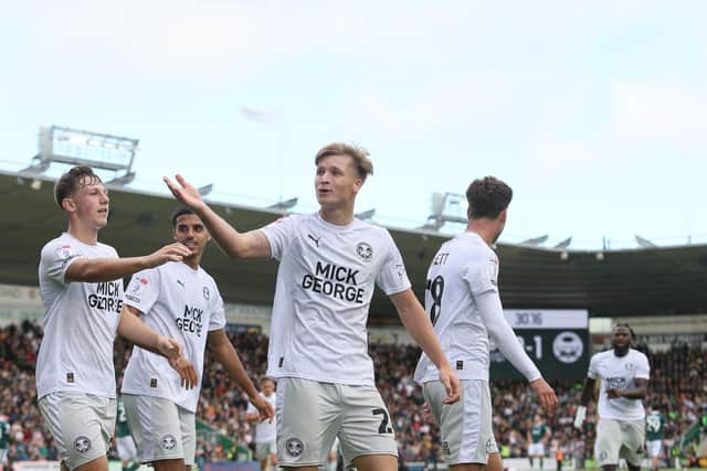 JJ Morgan celebrates the only goal of the game for Posh at Plymouth. Photo Joe Dent/theposh.com.