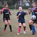 Action from ICA Sports (blue) v RTC in a Cambs Under 13 Girls League match at Ringwood. Photo David Lowndes.