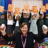  Bishop of Peterborough Rt Revd Debbie Sellin announces her appointment at a harvest festival service at William Law C of E School