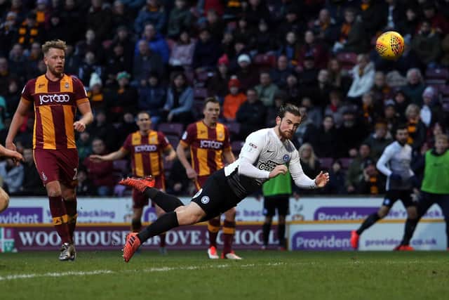 Jack Marriott scores for Posh at Bradford City on Boxing Day, 2018. Photo: Joe Dent/theposh.com.