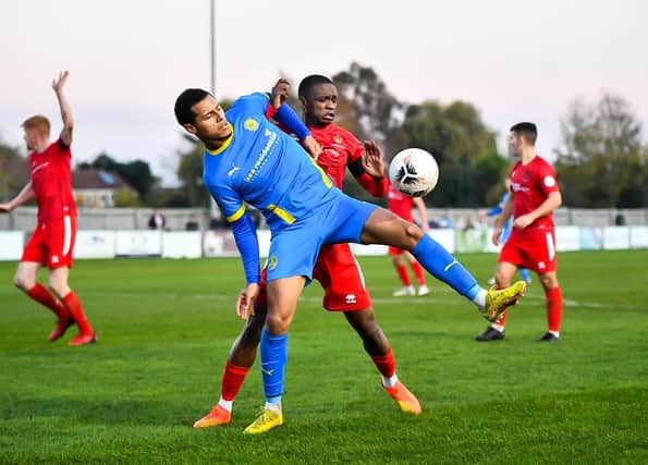 Isaiah Bazeley battles for the ball against Spennymoor Town at the Bee Arena. Photo: James Richardson.