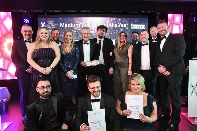 Peterborough Telegraph Business Excellence Awards 2023' s guest speaker James Ketchell with sponsor Mark Jackson with  Medium Business of the Year winners PC Howard and finalists KFE and JS Davidson