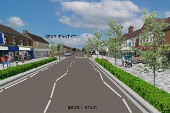 This image shows the view looking north for the Option 2 for the transformation of the Lincoln Road area of Peterborough.