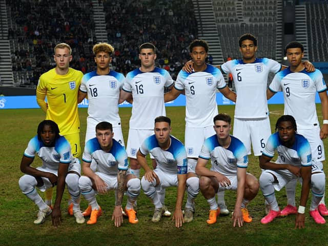 England Under 20s before their World Cup defeat at the hands of Italy. Ronnie Edwards is third left back row. Photo by LUIS ROBAYO/AFP via Getty Images.