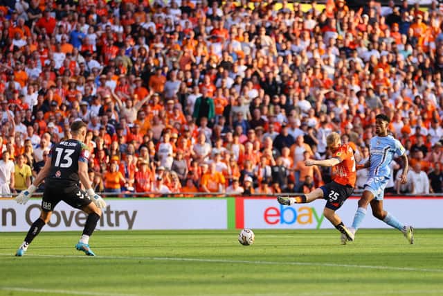 Joe Taylor in action for Luton in the Championship Play-Off Final at  Wembley. (Photo by Richard Heathcote/Getty Images).