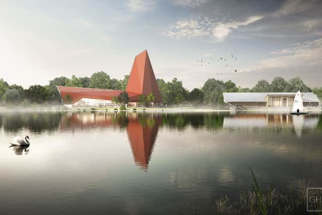 This image shows how Nene Park's planned £8 million Lakeside Activity Centre and Climbing Wall at Ferry Meadows, Peterborough, will appear once completed.