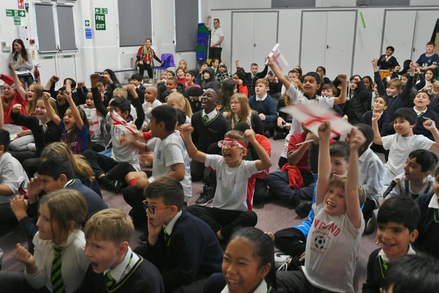 England v Iran World Cup game watched by pupils at Abbotsmede primary school.