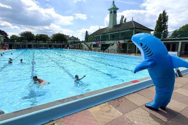 Finny visited Peterborough Lido as part of the countdown to the Monsters of the Sea exhibition
