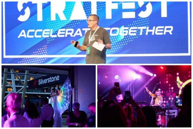 Speaker and author, Jim Lawless, leads the 18th anniversary celebrations for Peterborough-based Compare the Market at the Silverstone race track, above, and the celebrations, below.