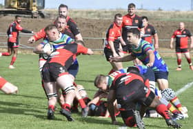 James Fear (in possession) scored a try for Peterborough RUFC at Northampton Old Scouts