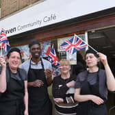 Christine Monk-Nice with some of her West Raven cafe volunteers Dana Hepson, Verity Boocock, Herculano De Silva and Melissa Bags who are arranging a street party for the Coronation
