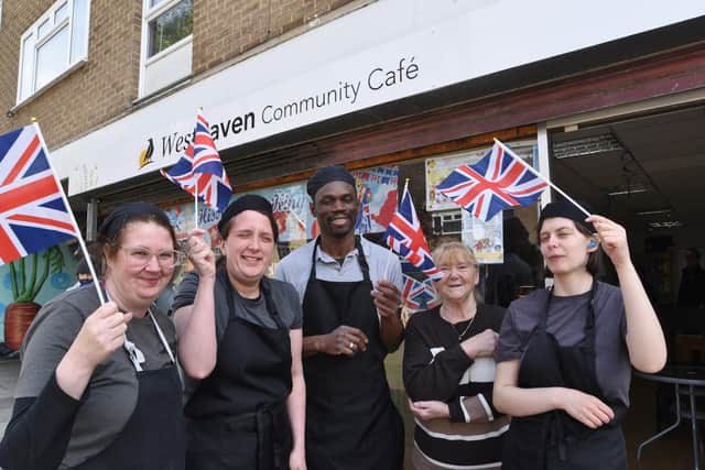 Christine Monk-Nice with some of her West Raven cafe volunteers Dana Hepson, Verity Boocock, Herculano De Silva and Melissa Bags who are arranging a street party for the Coronation