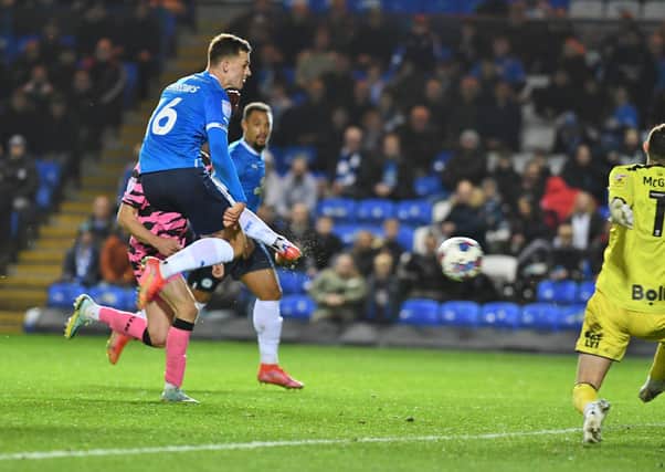 Harrison Burrows scores for Posh against Forest Green Rovers. Photo: David Lowndes.