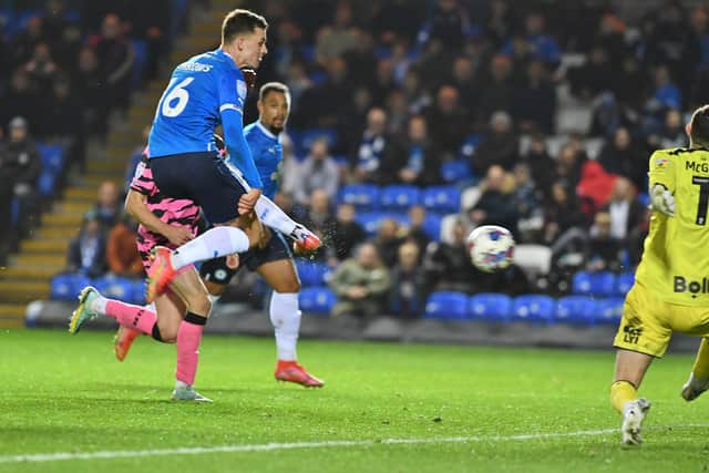 Harrison Burrows scores for Posh against Forest Green Rovers. Photo: David Lowndes.