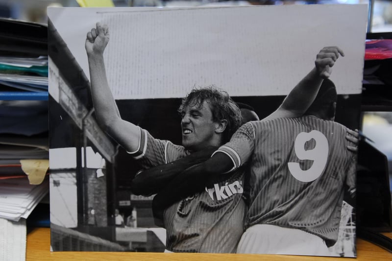 Craig Goldsmith has just scored for Posh in a League Cup tie against Leeds at London Road in 1988. It was a two-legged affair and Leeds won the second leg 3-1 at Elland Road. Billy Bremner was Leeds manager at the time. The Posh squad for the first leg was Joe Neenan, David Langan, Brynn Gunn, Gerry McElhinney, Keith Oakes, Noel Luke, Gary Andrews, Mick Halsall, Nick Cusack, Carl Madrick, Craig Goldsmith, Domenico Genovese, Steve Collins.