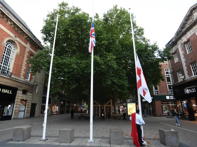 The Union Flag flying at half mast outside Peterborough Town Hall