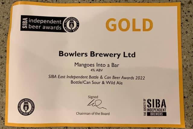 The gold award for Bowlers Brewery.