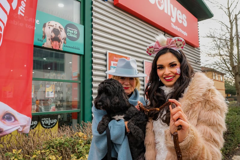 Pauline Makey, the owner of Scamp the cockerpoo and singer Gabriella Pineda-Rodrigues at the official opening of Jollyes pet store in Peterborough.
