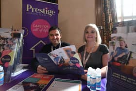 Exhibitors Mario Renda and Sue Slade from Prestige Nursing and Care at the over-50s jobs fair at Peterborough Town Hall.