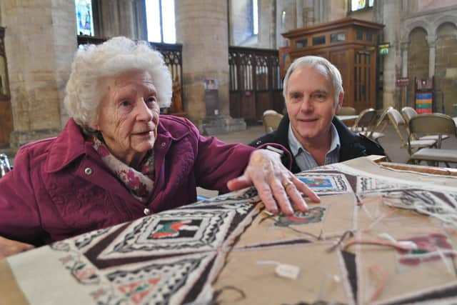 Dawn Large and son Maurice Large were "overwhelmed" by the intricate tapestry the Sacristy Stitchers are making at Peterborough Cathedral
