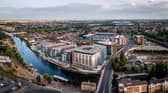 An aerial view of The Fletton area of Peterborough including the River Nene and The Weston Homes Stadium home of Peterborough United Football Club
