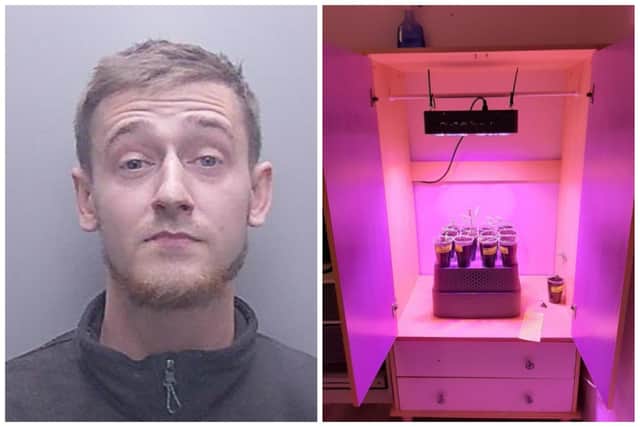 Callum Horsley and some of the drugs found at his home