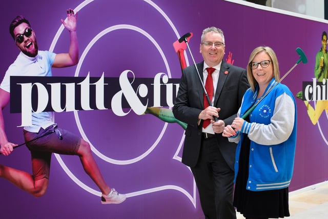 Jennifer Gillard, the manager of Puttstars in Peterborough, with Mark Broadhead, Queensgate centre director, at the site of the Puttstars mini-golf centre that is under construction in the Queensgate shopping centre.