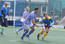 Action from Camp Retro (light colours) v Ragamuffins in the 2023 Brummitt Mixed Hockey tournament. Photo David Lowndes.