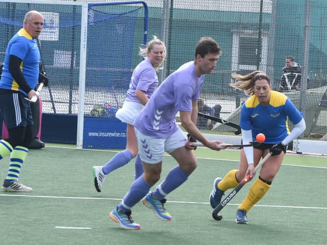 Action from Camp Retro (light colours) v Ragamuffins in the 2023 Brummitt Mixed Hockey tournament. Photo David Lowndes.