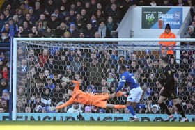 Posh goalkeeper Lucas Bergstrom can't stop Conor Chaplin (not pictured) opening the scoring for Ipswich Town with a neat header. Photo: Joe Dent/theposh.com.