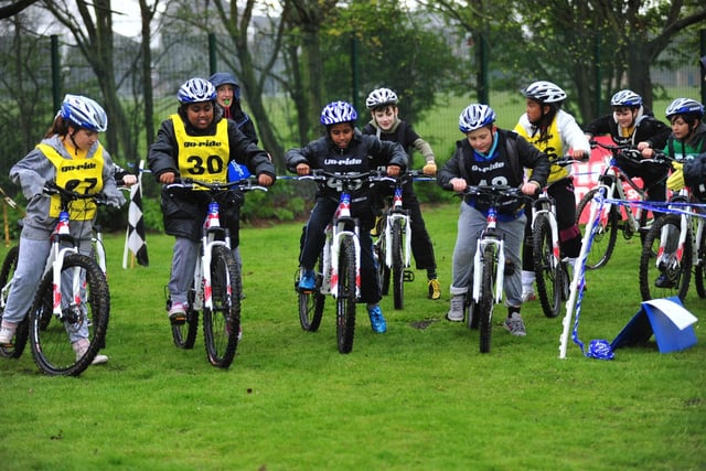 Highlees Primary School pupils take part in a cycle racing taster session of Olympic sports to mark 100 days to the games.
