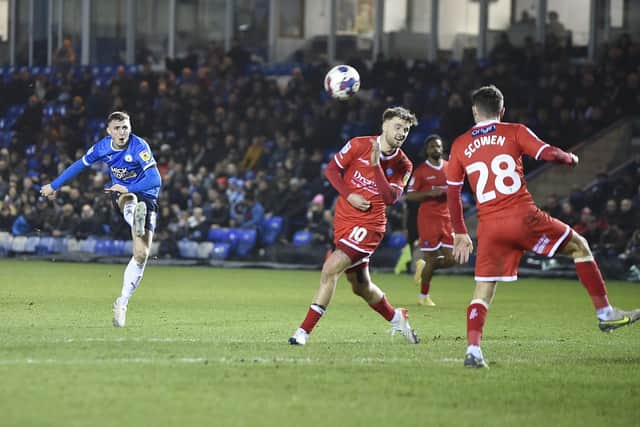 Jack Taylor hits the inside of the post for Peterborough United against Wycombe. Photo: David Lowndes.
