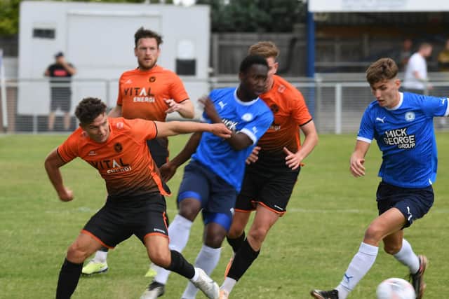 Action from Peterborough Sports v Posh U21s (blue). Photo: David Lowndes.