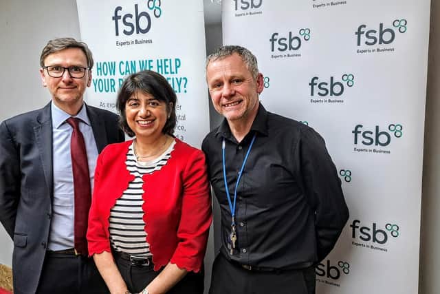 From left,  Andrew Pakes, Labour’s parliamentary candidate for Peterborough,  Shadow Business Minister Seema Malhotra MP and James O’Rawe of Peterborough Workspace.