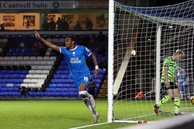 Malik Mothersille of Peterborough United celebrates scoring his goal. Photo: Joe Dent.