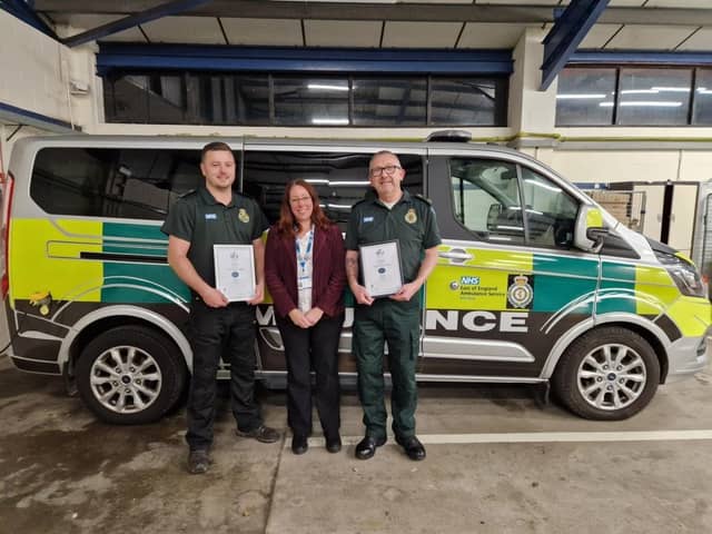 Matt Sharp (left) and Grant Harvey with EEAST leadership development manager Vikki Darby. Matt and Grant have secured jobs at EEAST after completing the Volunteer to Career programme