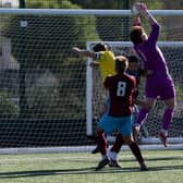 Action from Sawtry (yellow) v Deeping Rangers Reserves in the Peterborough Premier Division. Photo Neil Dorrington