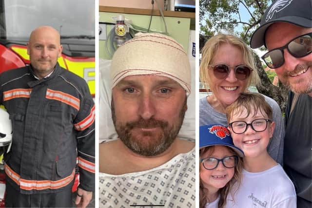 Firefighter Paul Whitaker pictured at work, following brain surgery, and with his wife and young children.